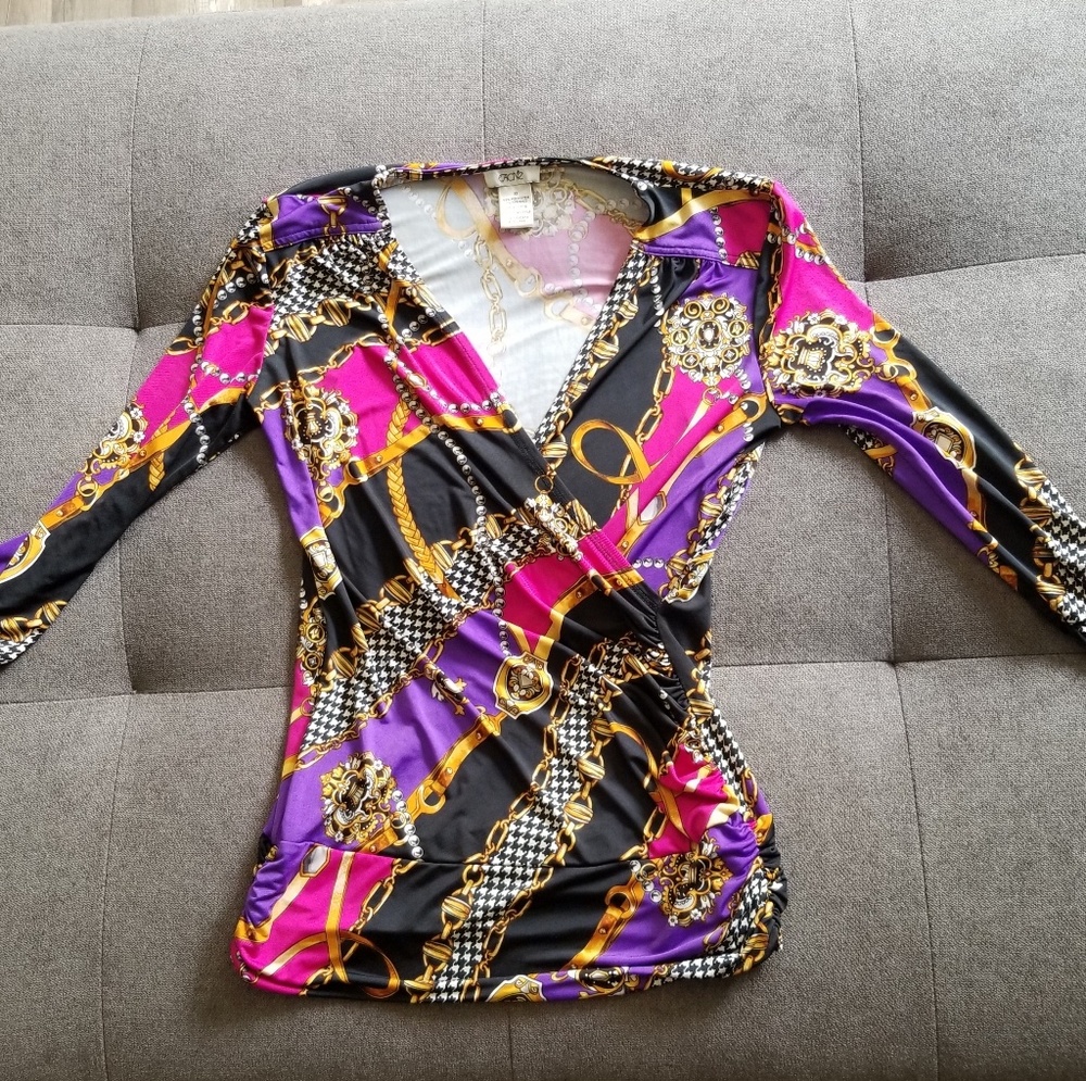 CACHE multi colored ruched blouse xs